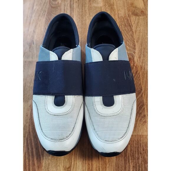 Michael Kors MK Logo Trainer Sneakers Slip On Black White Mixed Media Jogger - Picture 3 of 7